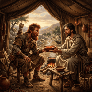 Two men inside a tent sharing a bowl of stew over a fire