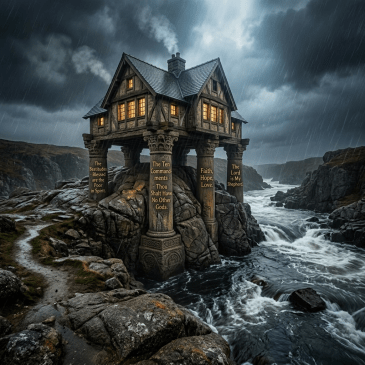 Stone cottage with lit windows on rocky cliff during stormy sea and rain