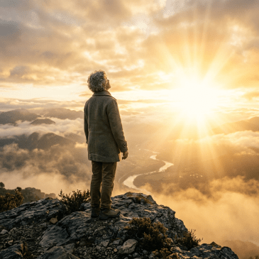 Person standing on a rocky mountain top looking toward a bright sunset over mist and mountains