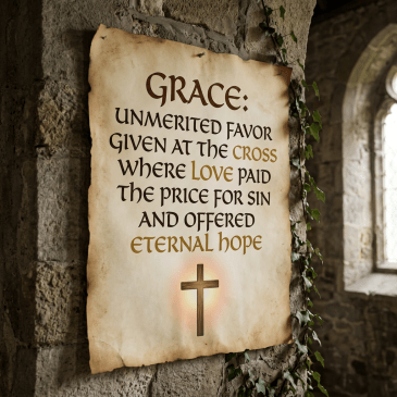 Parchment hanging on stone wall with text about grace and illuminated cross symbol