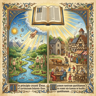 Medieval-style illustration showing biblical creation on the left and village life on the right with an illuminated Bible above.