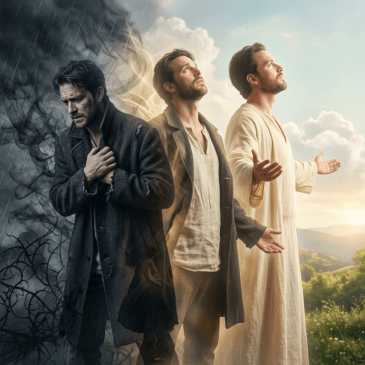 Three men representing stages of transformation from darkness and despair to light and spiritual peace