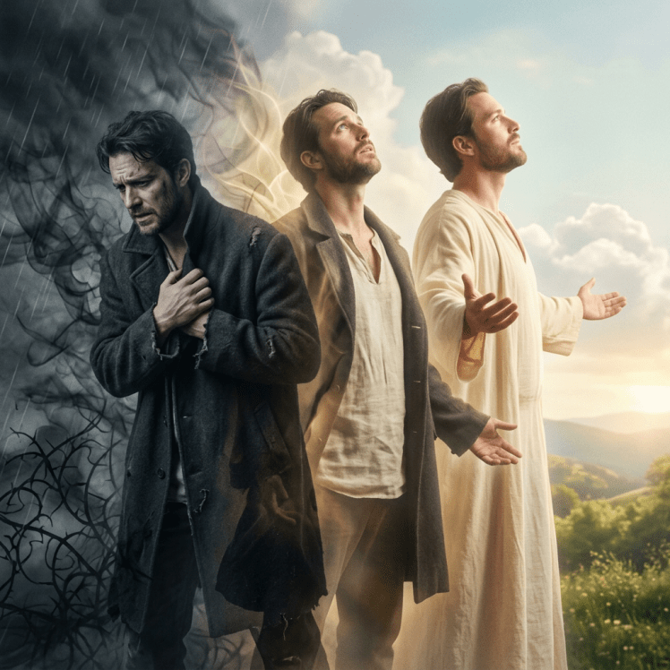 Three men representing stages of transformation from darkness and despair to light and spiritual peace