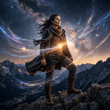 Woman standing on rocky mountain peak with glowing cosmic light trails and starry sky