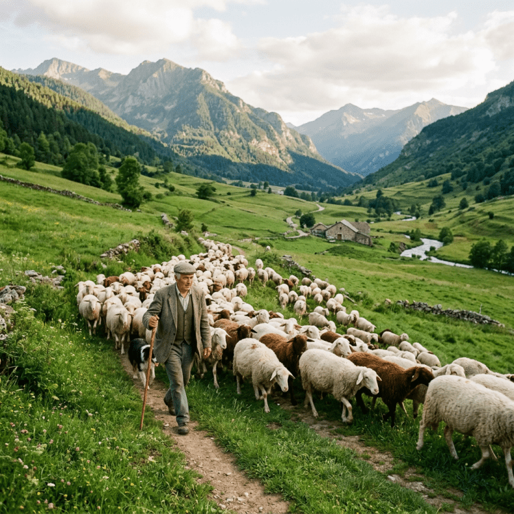 Shepherd walking with a large flock of sheep on a grassy path in a mountain valley