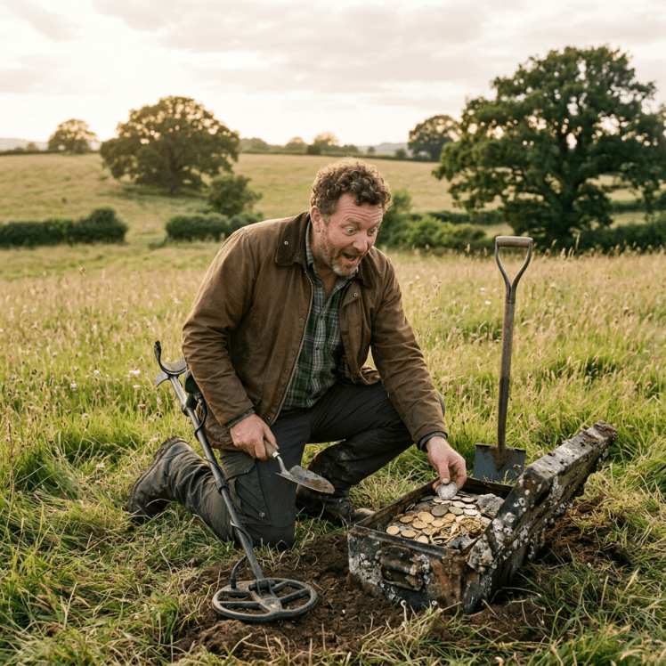 Man kneeling by an open chest filled with gold coins in a grassy field