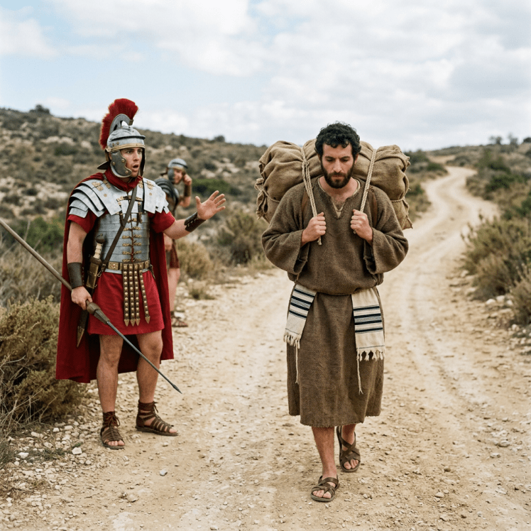 Roman soldier in armor speaking to a man carrying large bundles on a rural dirt path