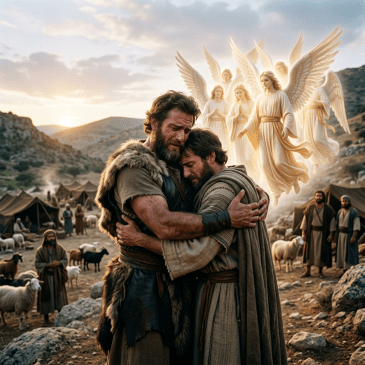 Two men embracing in a biblical camp with glowing angels above and people with sheep around