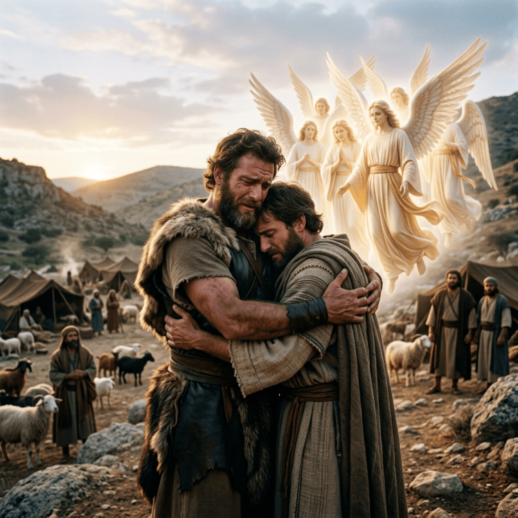 Two men embracing in a biblical camp with glowing angels above and people with sheep around