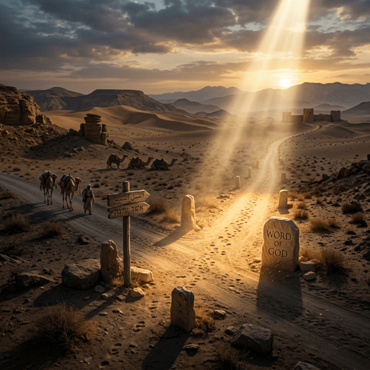 Desert path with stone marker reading 'WORD OF GOD' illuminated by sunlight beam