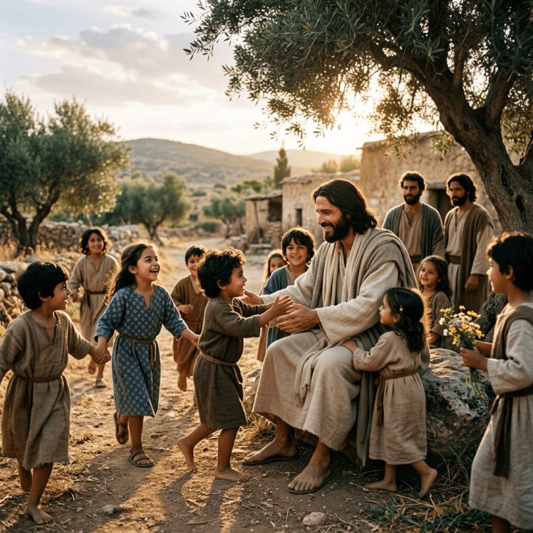 Jesus sitting under a tree smiling and interacting with a group of happy children outdoors