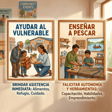 Posters showing helping vulnerable with food and shelter and teaching fishing skills for autonomy