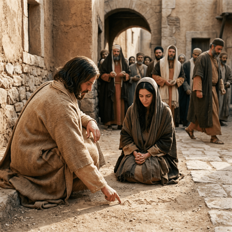 Jesus writes in dust beside a kneeling woman as people watch