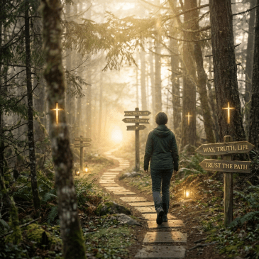Person walking along a misty forest trail surrounded by moss-covered trees